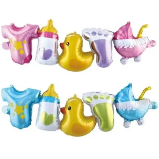 Balon Ghirlanda cu minifigurine Hainuta, Biberon, Ratusca, Talpa, Carucior, 96 cm