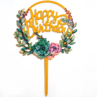 Topper Tort Happy Birthday cu flori turcoaz 16 cm