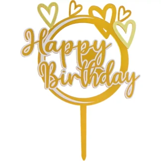 Topper tort Happy Birthday Auriu cu inimioare 16 cm