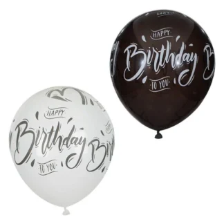 Set 6 baloane latex alb-negru cu Happy Birthday