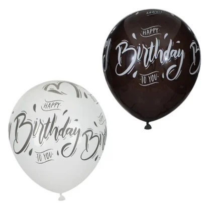 Set 6 baloane latex alb-negru cu Happy Birthday