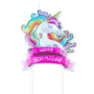 Lumanare tort model Unicorn cu mesaj Happy Birthday