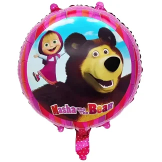 Balon folie Mashsa si Ursul, Roz cu Bulinute, Rotund, 45 cm